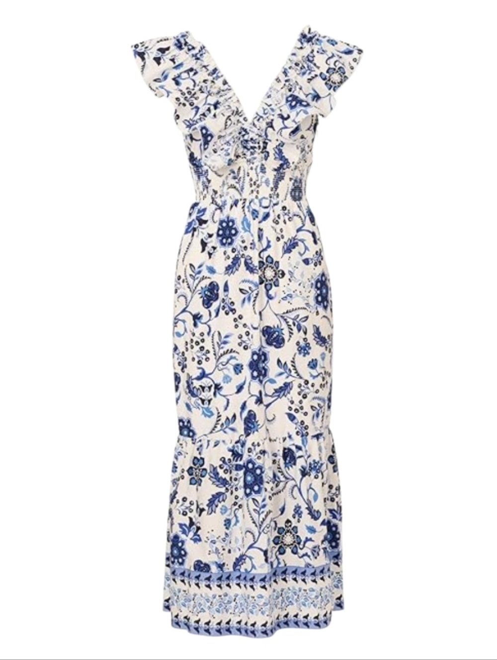 Adrianna Papell Printed Ruffle Midi Dress Blue White Garden Party Wedding Birthd